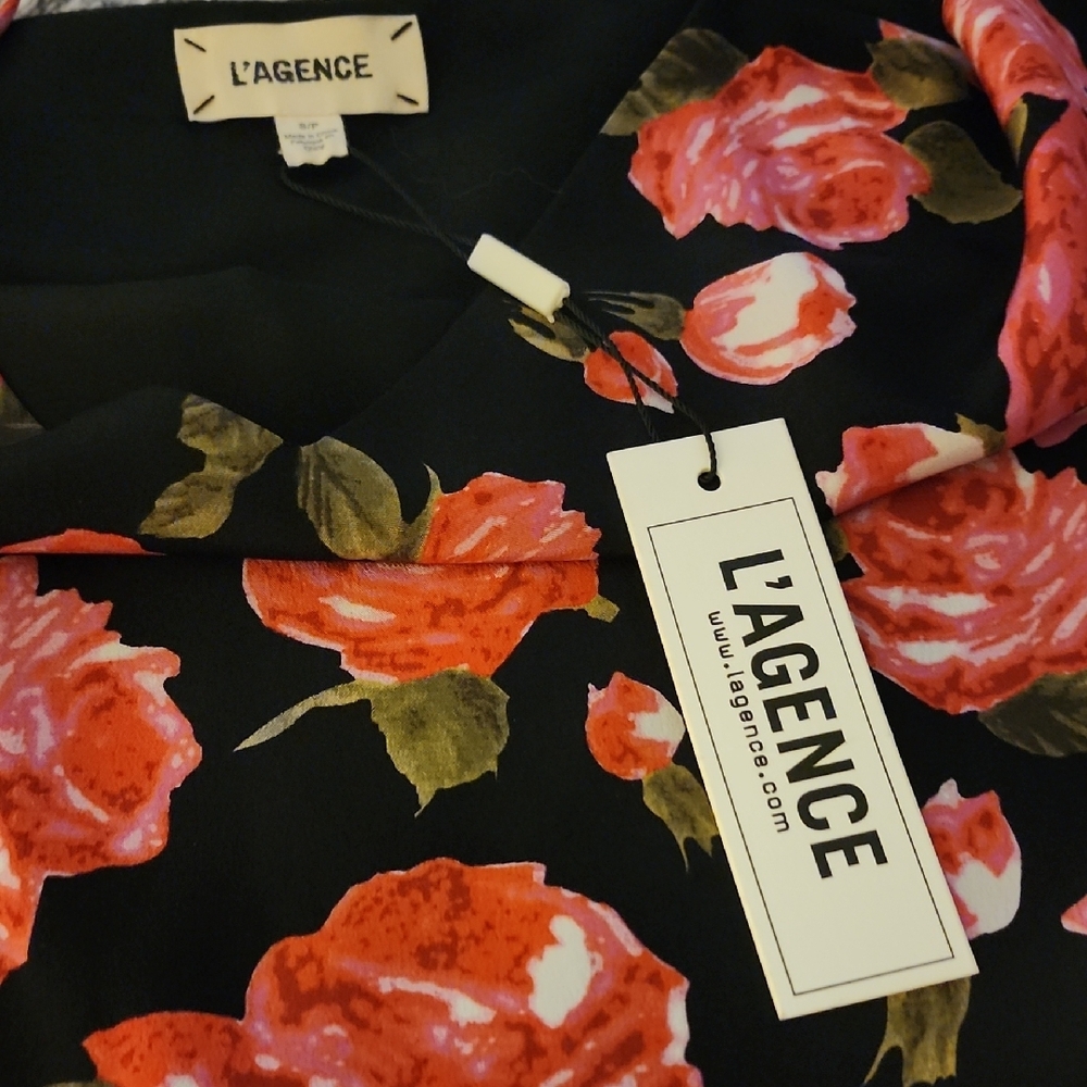 L'AGENCE Black Floral Silk Camisole with Pink/Coral Roses - Picture 2 of 4